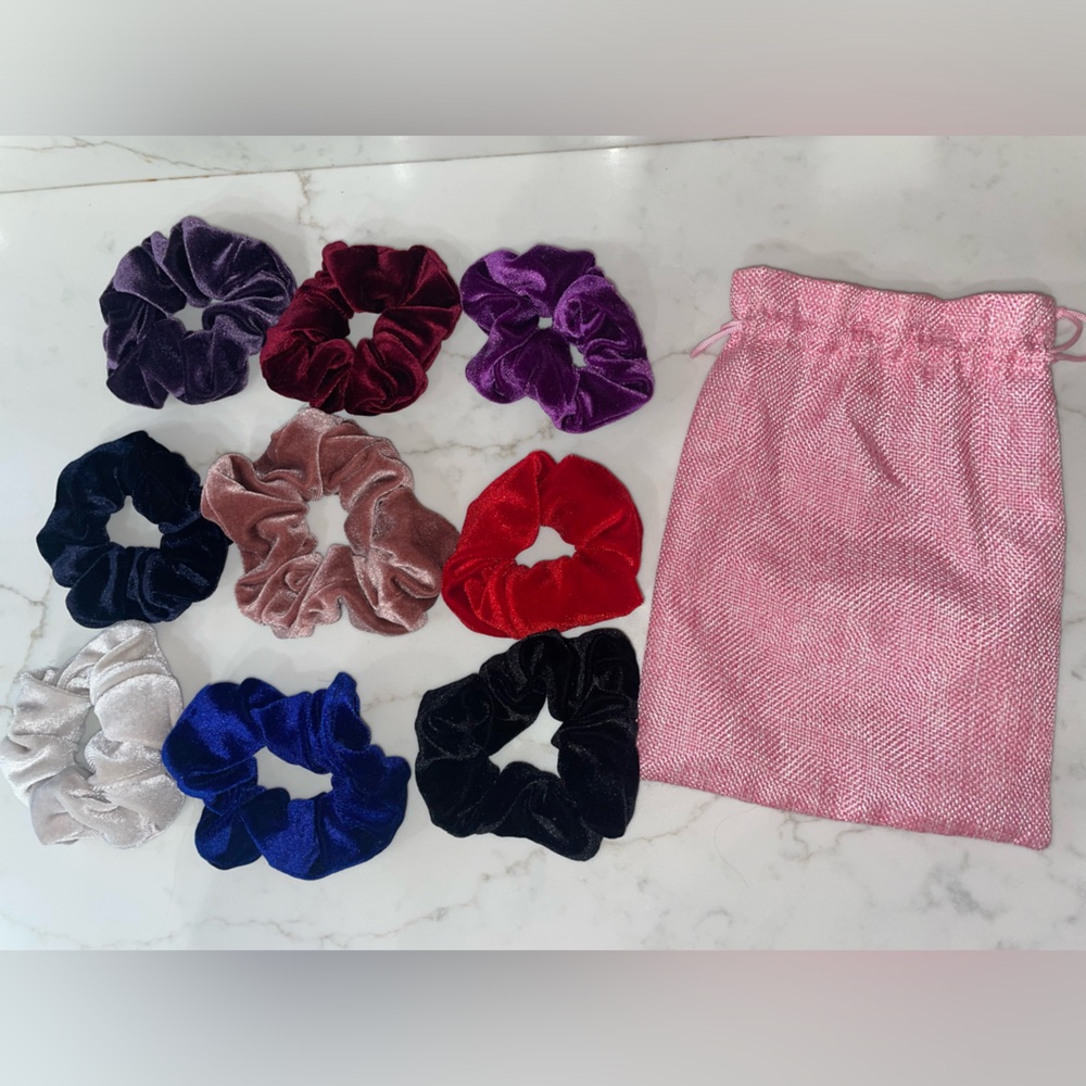 9 colorful hair scrunchies with carrying bag